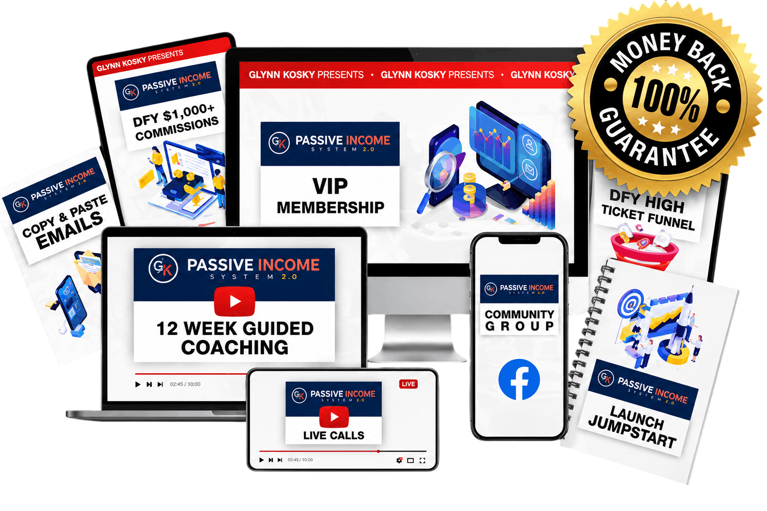 Product mockup with laptop, desktop, tablet, smartphone, and course materia